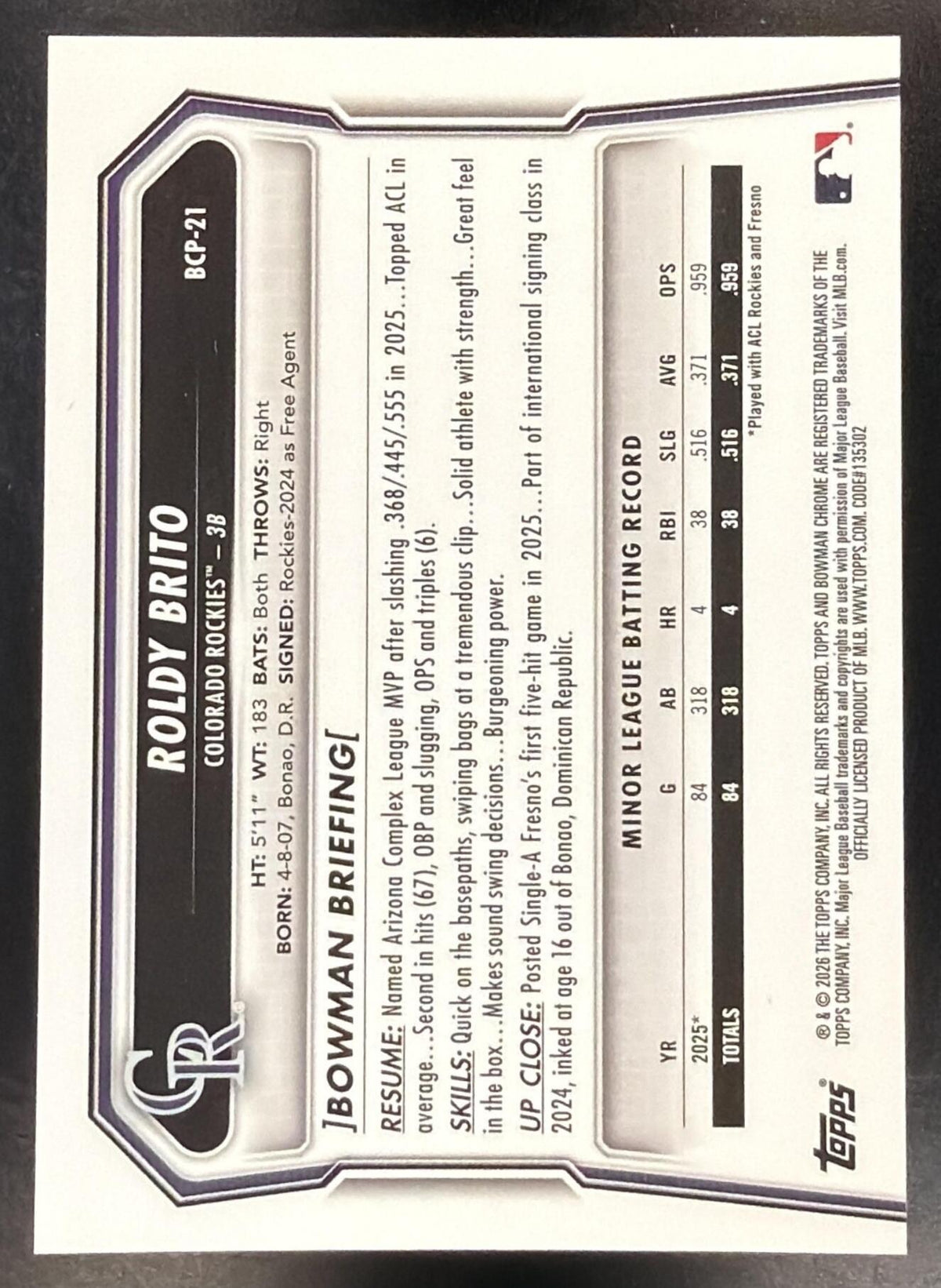 2026 Bowman Baseball Roldy Brito #BCP-21 1st Orange Geometric 05/25