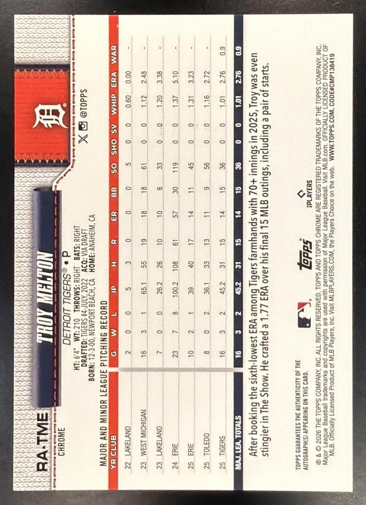 2026 Topps Chrome Sapphire Troy Melton #RA-TME Auto 123/199 RC