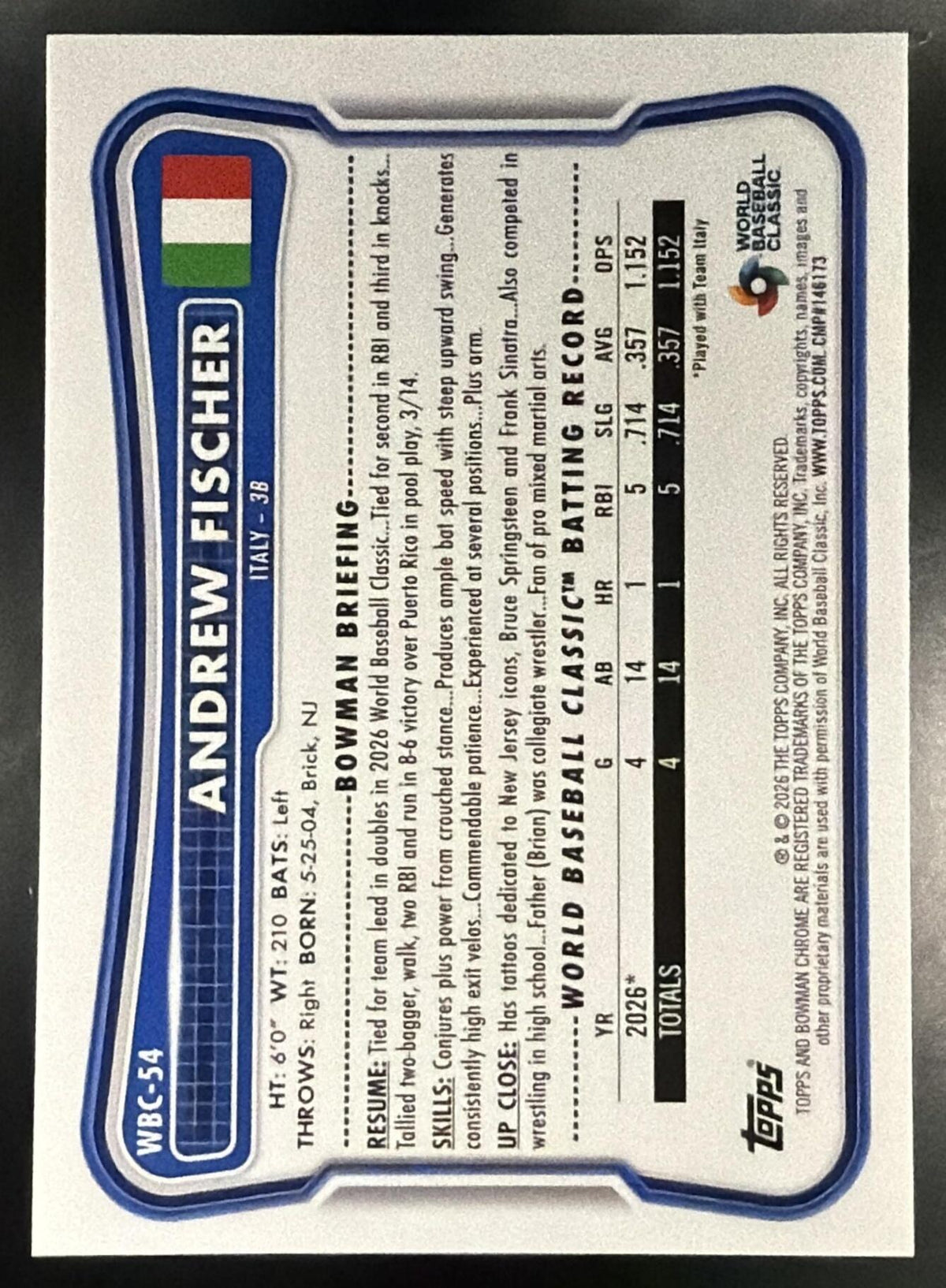 2026 Bowman Chrome Andrew Fischer #WBC-54 WBC Flag Variation 110/499