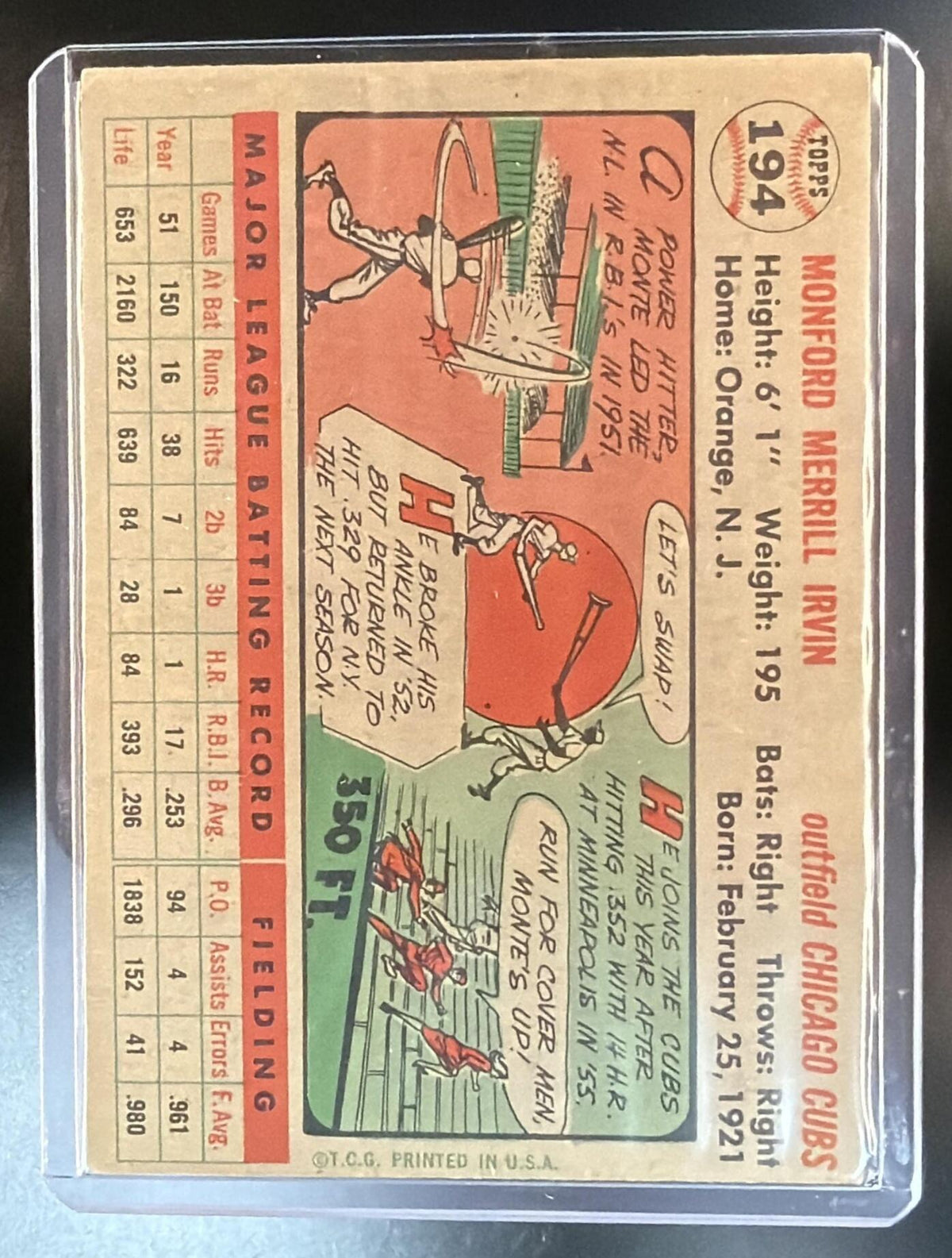 1956 Topps Baseball Monte Irvin #194 RC Cubs