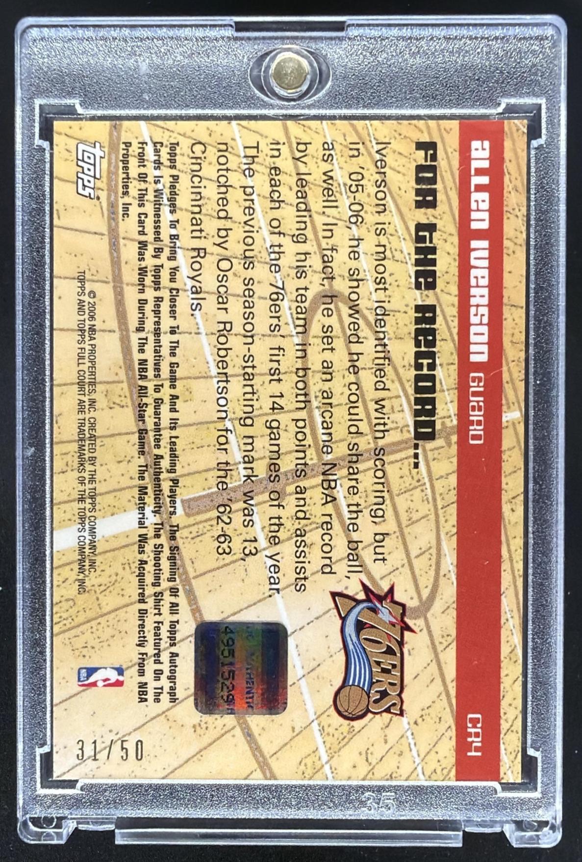 2006-07 Topps Full Court Allen Iverson #1 Court Records Patch Auto /50