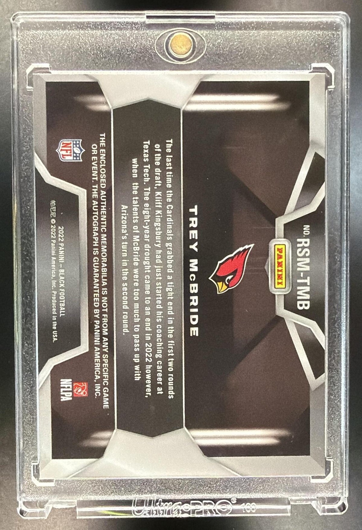 2022 Panini Black Trey McBride #RSM-TMB Rookie Signature Materials Silver /50 Auto RC