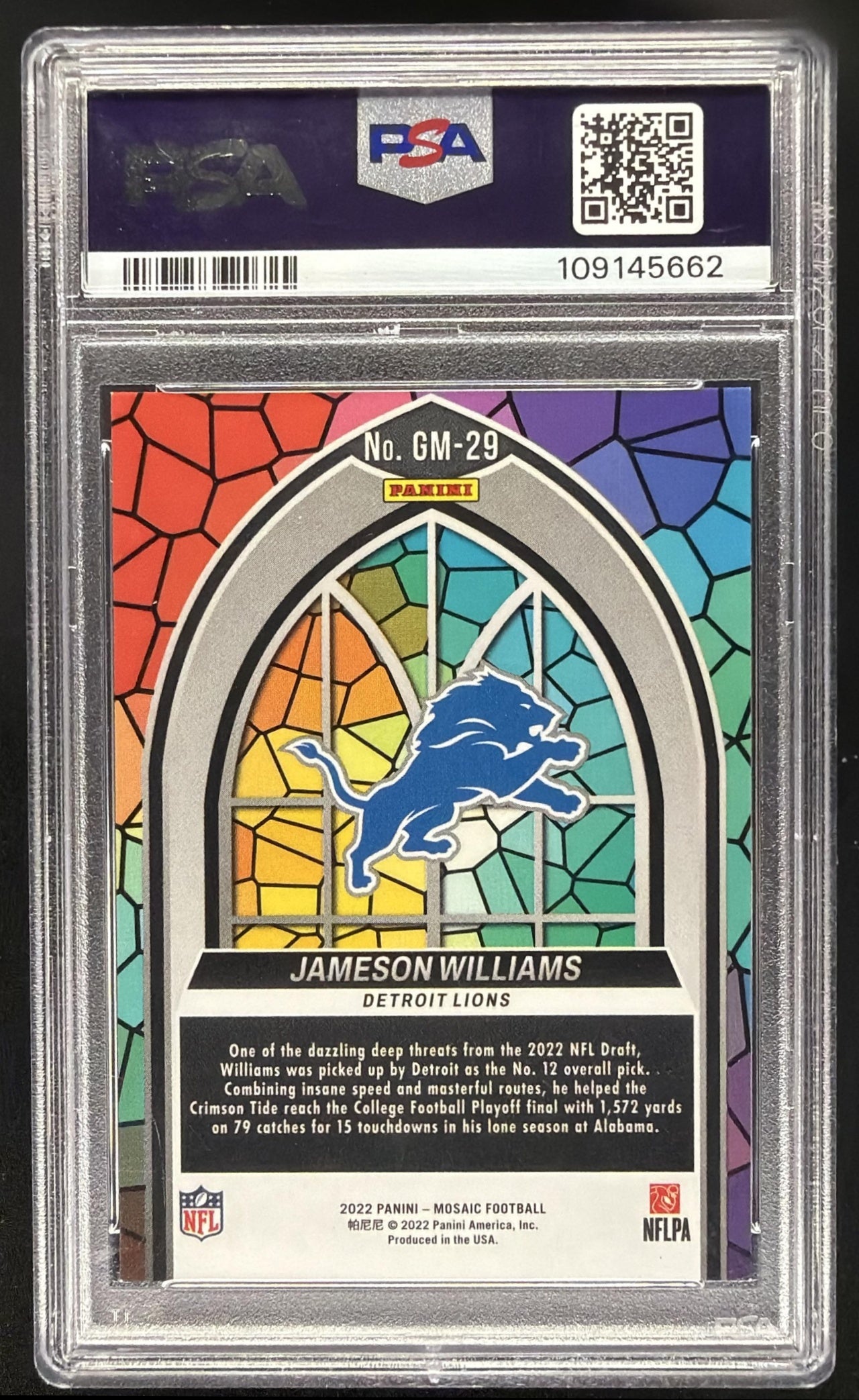 2022 Panini Mosaic Jameson Williams #GM-29 Glass Mosaic RC PSA 9
