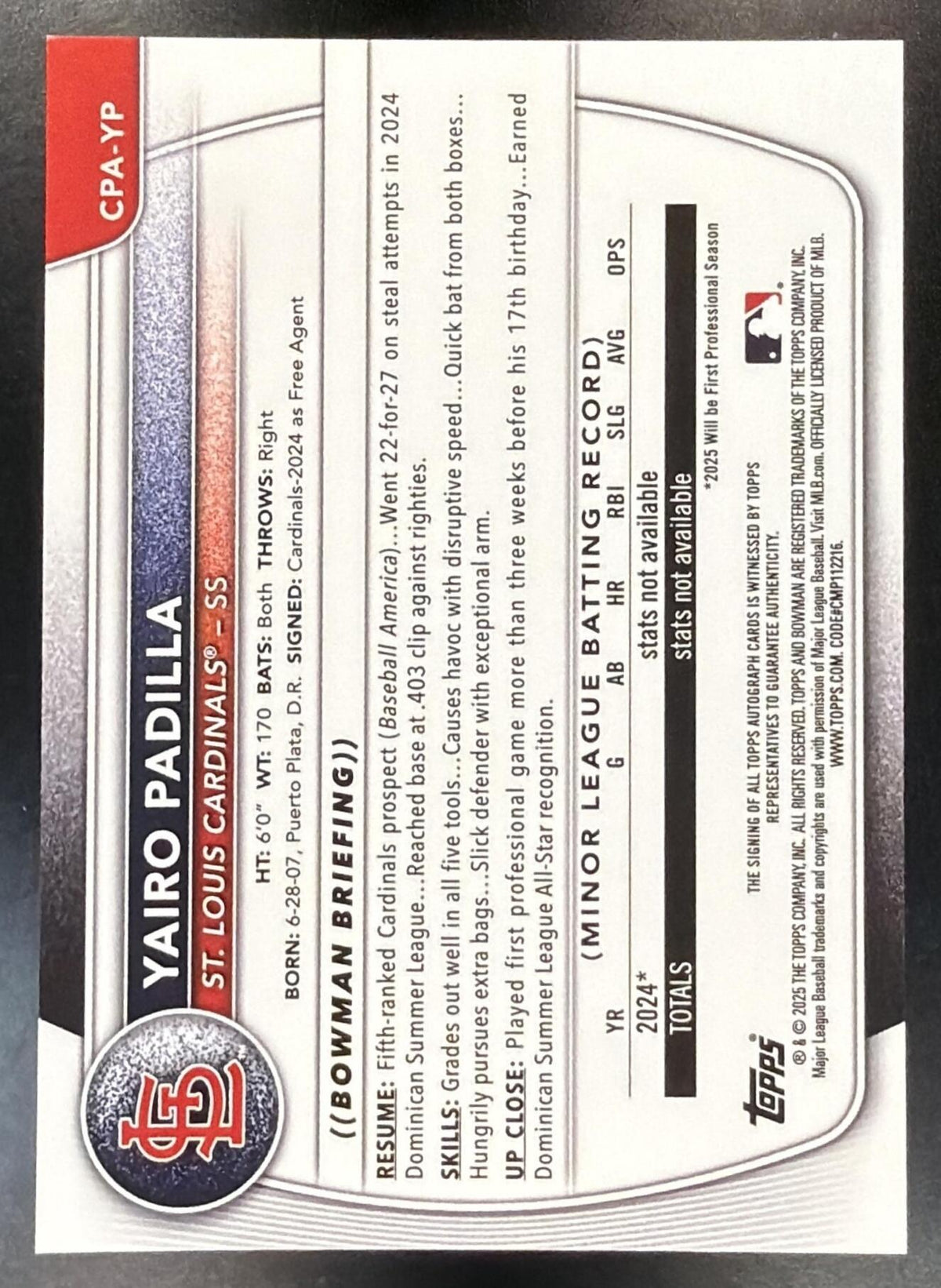2025 Bowman Chrome Baseball Yairo Padilla #CPA-YP Auto Mini Diamond Refractor 078/100 1st