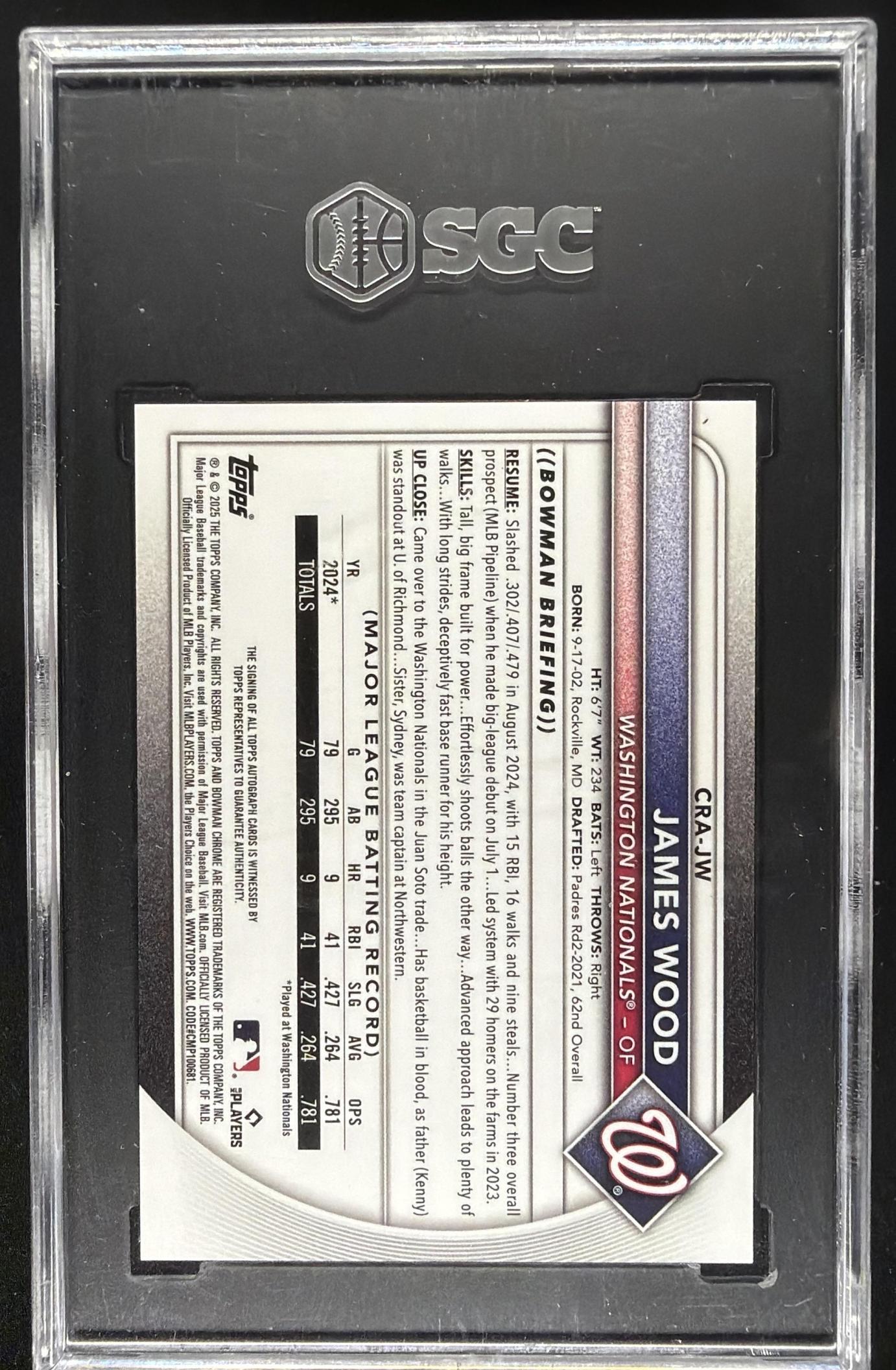 2025 Bowman James Wood #CRA-JW Chrome Rookie Auto RC SGC 10