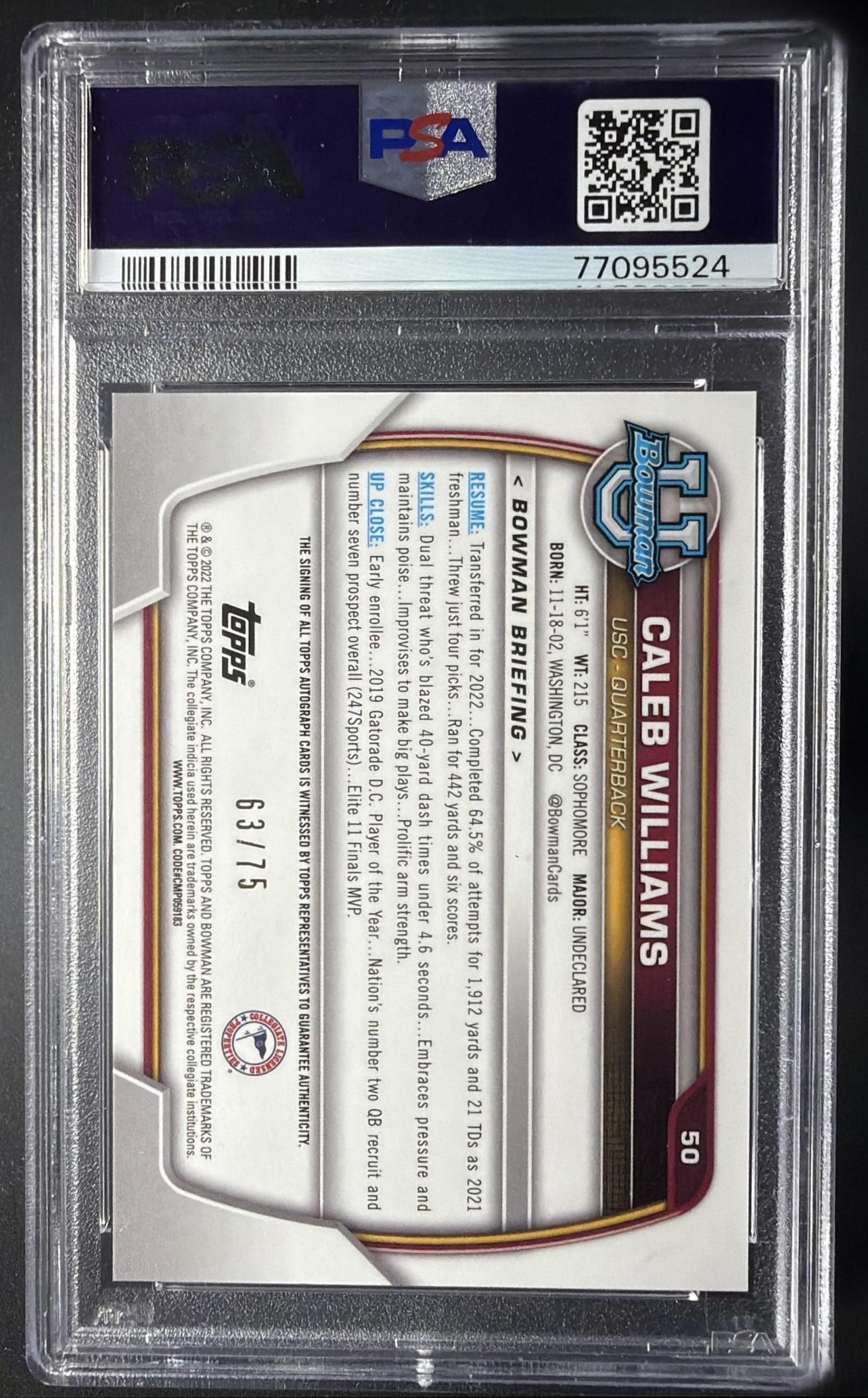 2022 Bowman University Chrome Caleb Williams #50 Prospect Auto Yellow Refractor /75 PSA 10