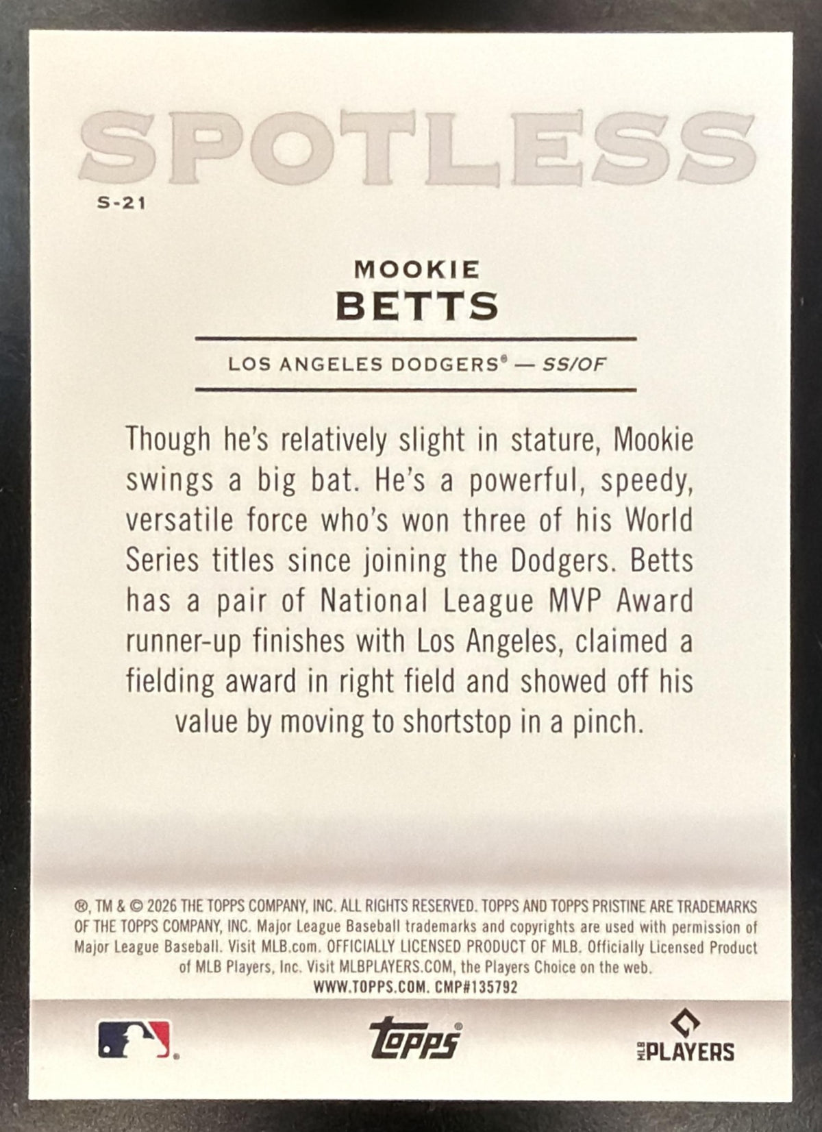2026 Topps Pristine Mookie Betts #S-21 Spotless Gold Refractor 5/50