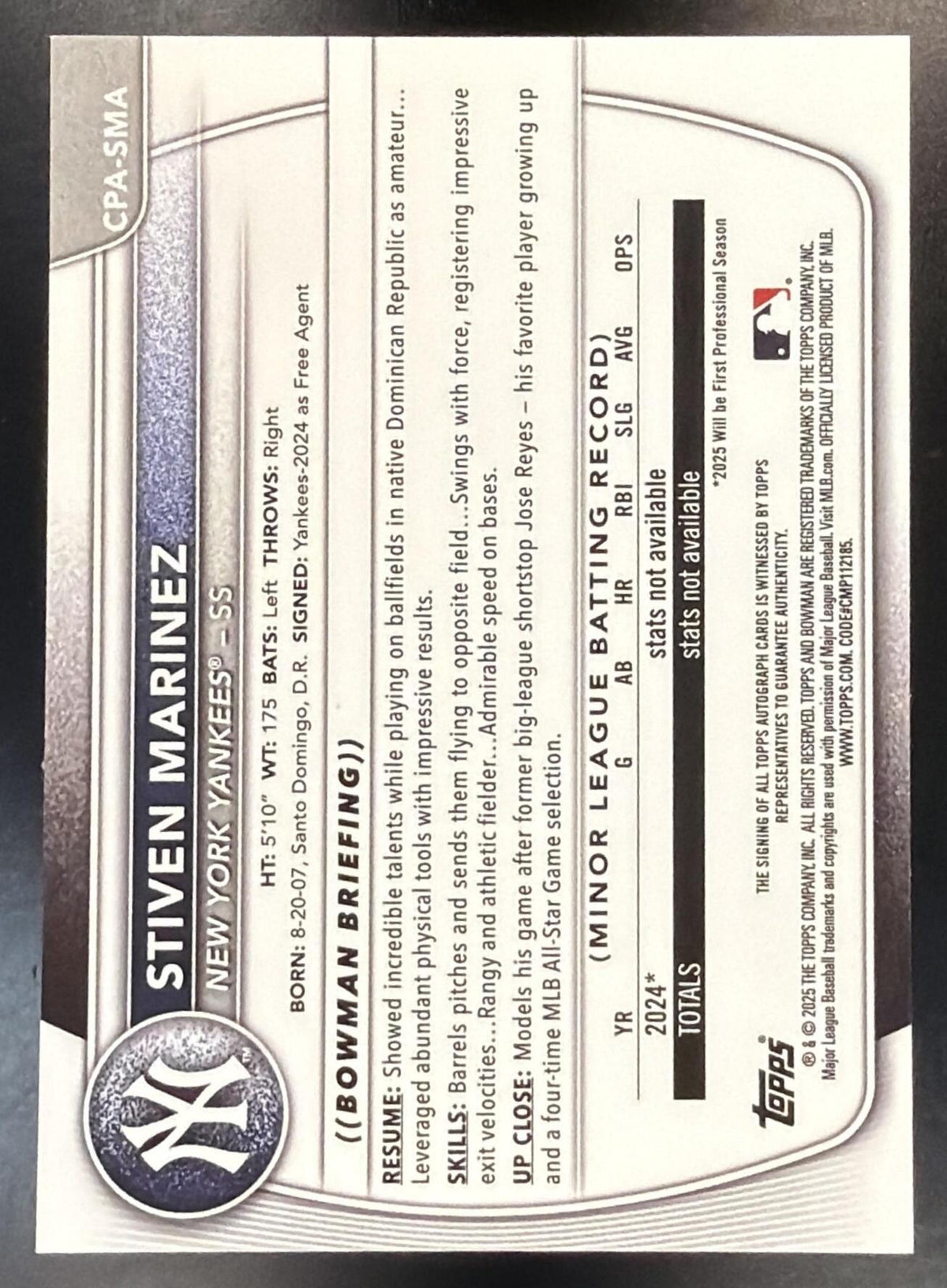 2025 Bowman Chrome Baseball Stiven Marinez #CPA-SMA Auto Yellow Refractor 67/75 1st