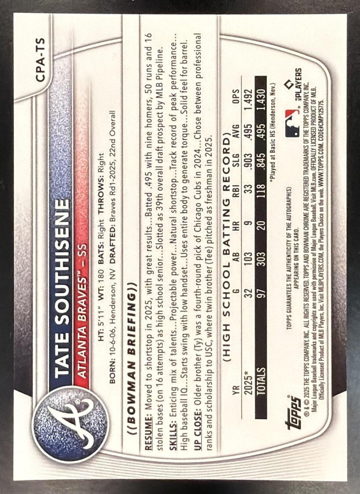 2025 Bowman Draft Tate Southisene #CPA-TS Chrome Auto 1st Prospect