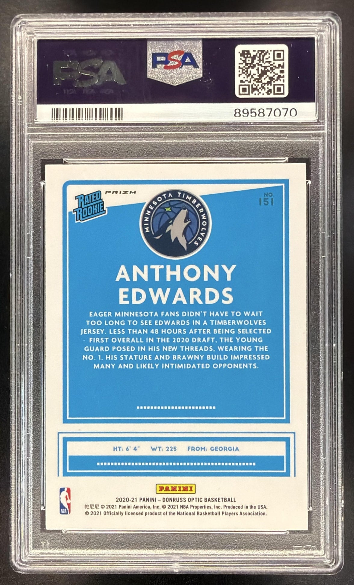 2020-21 Panini Donruss Optic Anthony Edwards #151 Green Pulsar Prizm RC PSA 10