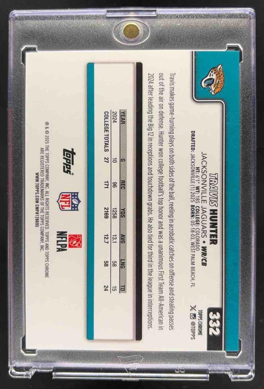 2025 Topps Chrome Travis Hunter #332 Rookie Etch Orange /25 RC SSP