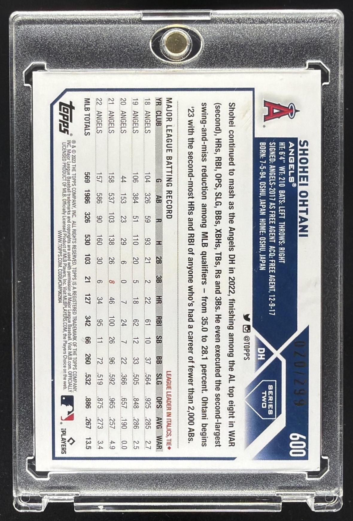 2023 Topps Shohei Ohtani #600 Orange Foil 20/299