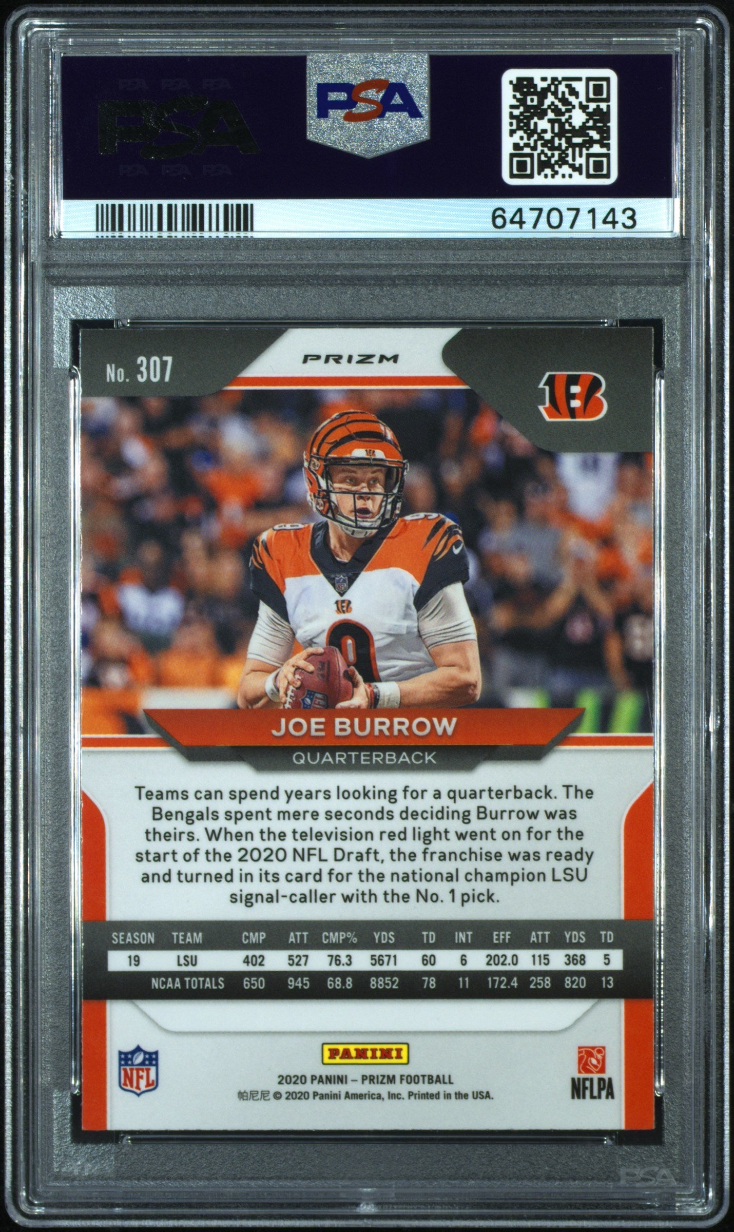 2020 Prizm Joe Burrow Pink Rookie PSA 10
