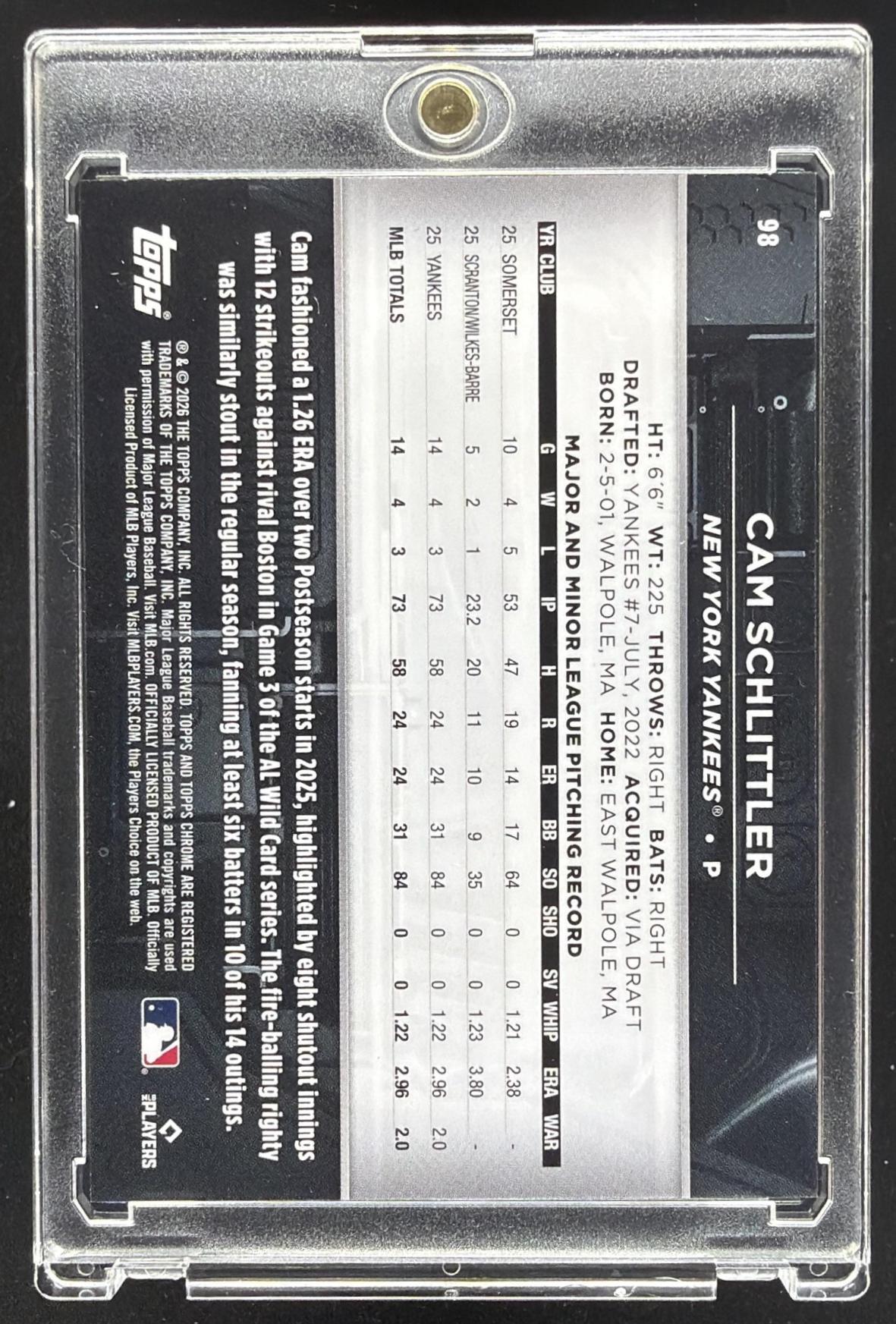 2026 Topps Chrome Black Cam Schlittler #98 Purple Mini-Diamond Refractor /75 RC