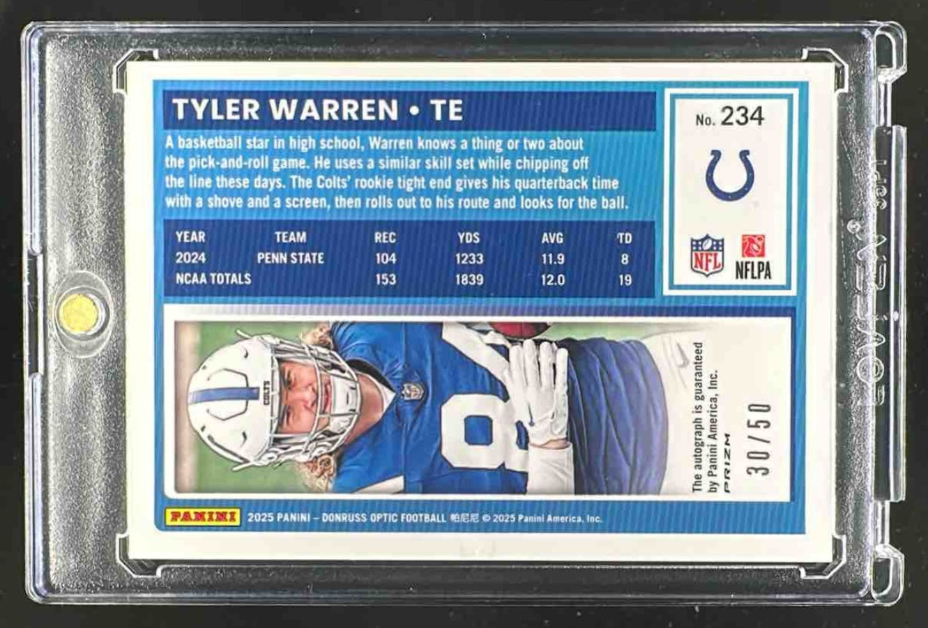 2025 Panini Donruss Optic Tyler Warren #234 Rated Rookie Auto Purple Prizm /50