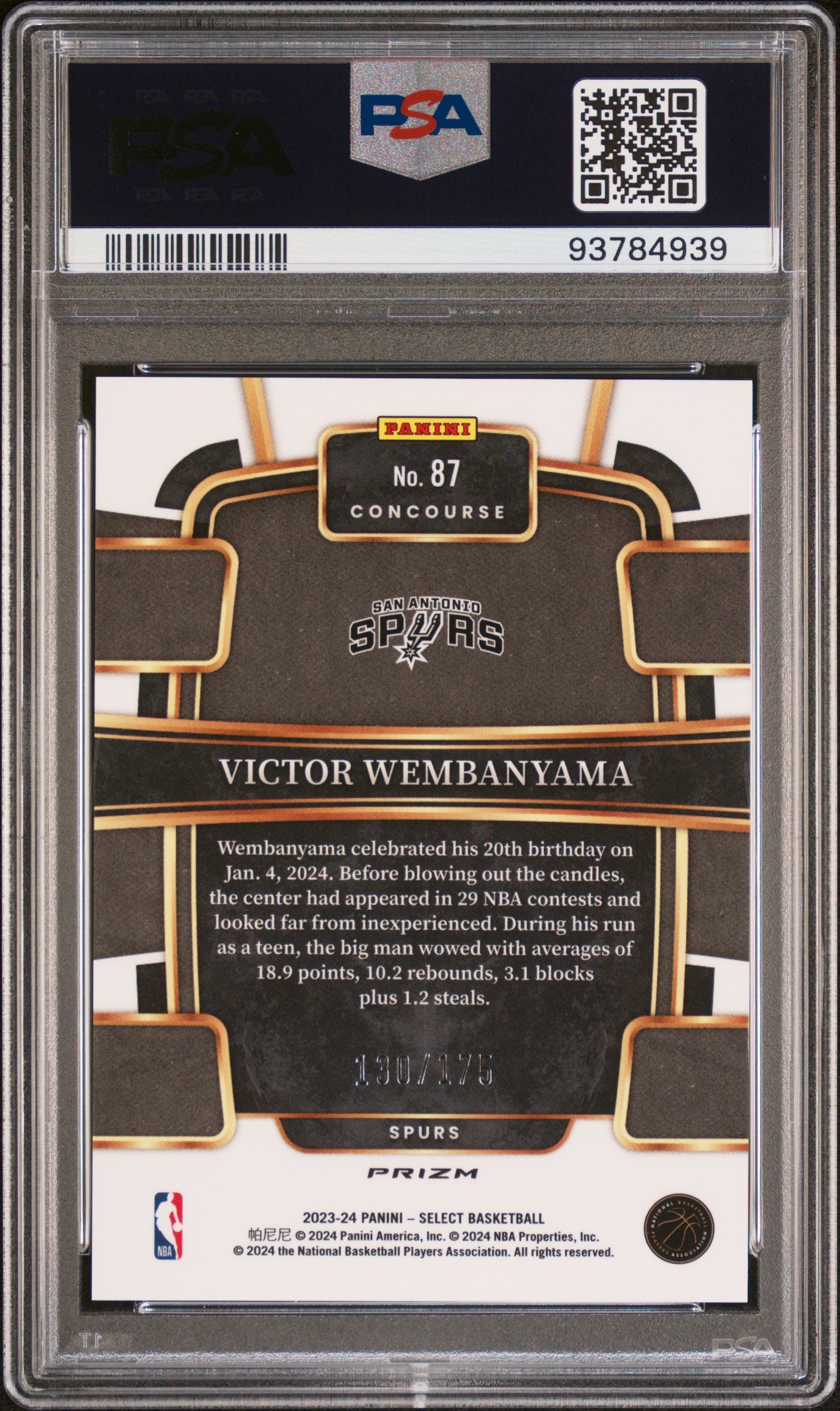 2023-24 Select Victor Wembanyama Purple Flash Rookie /175 PSA 10