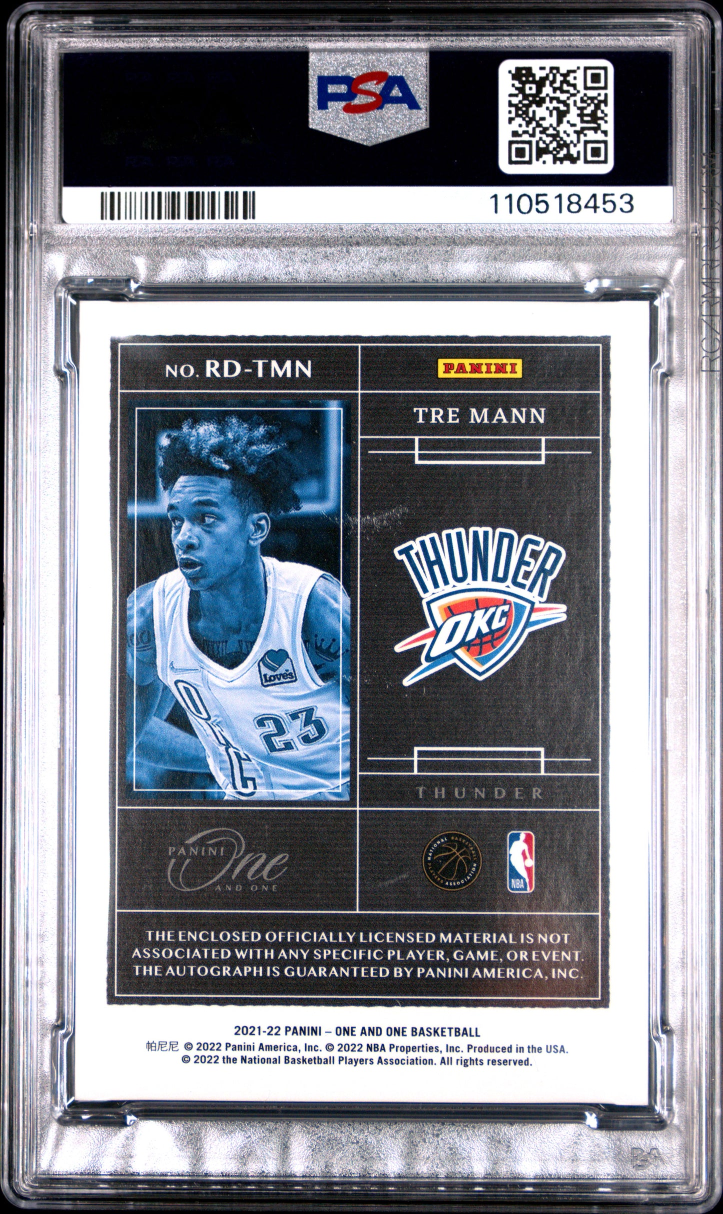 2021 Panini One And One Tre Mann Rookie Dual Patch Auto Pink FOTL /15 PSA 7
