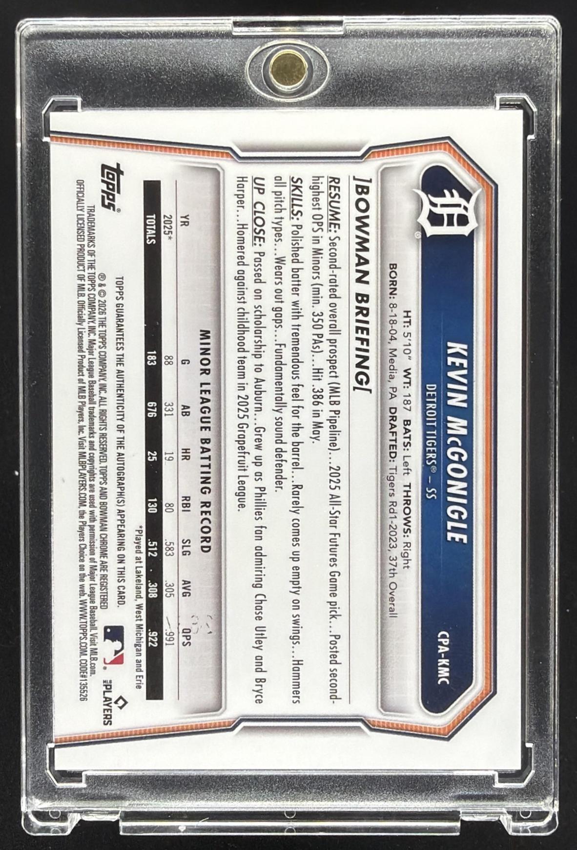 2026 Bowman Kevin McGonigle #CPA-KMC Chrome Prospect Auto Speckle Refractor /299