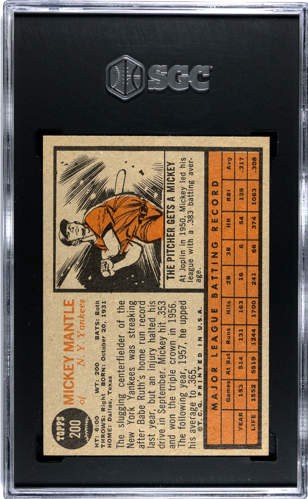 1962 Topps Mickey Mantle #200 Yankees SGC 5
