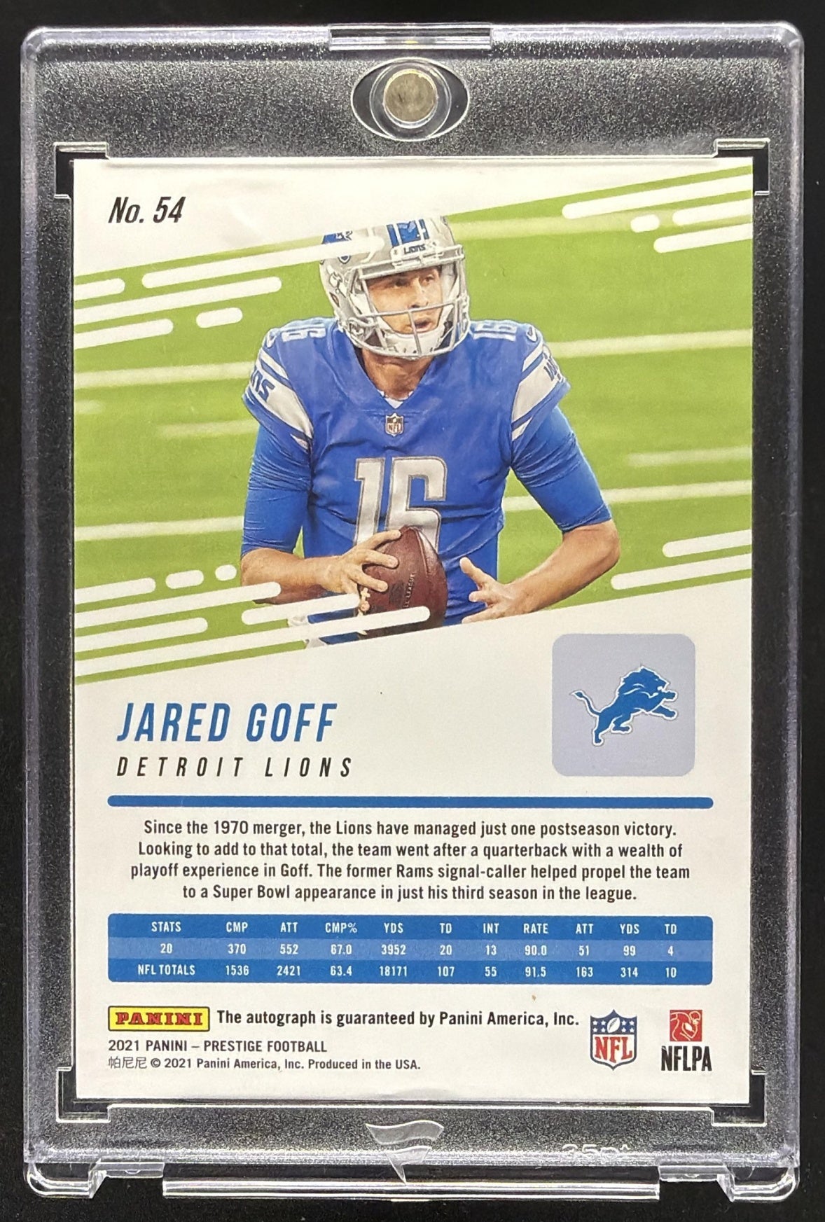 2021 Panini Prestige Jared Goff #54 Xtra Points Signatures Red Auto
