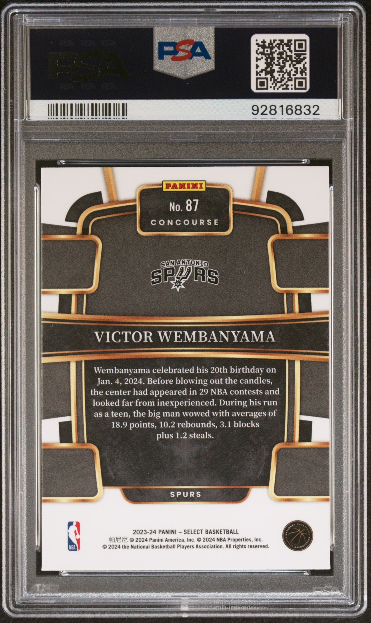 2023-24 Panini Select Victor Wembanyama #87 Blue Prizm RC Concourse Spurs PSA 10