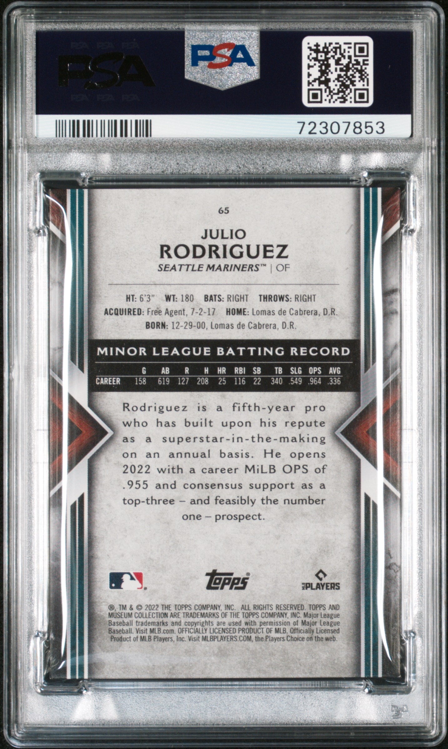 2022 Topps Museum Collection Julio Rodriguez #65 Ruby 4/50 RC Mariners PSA 9