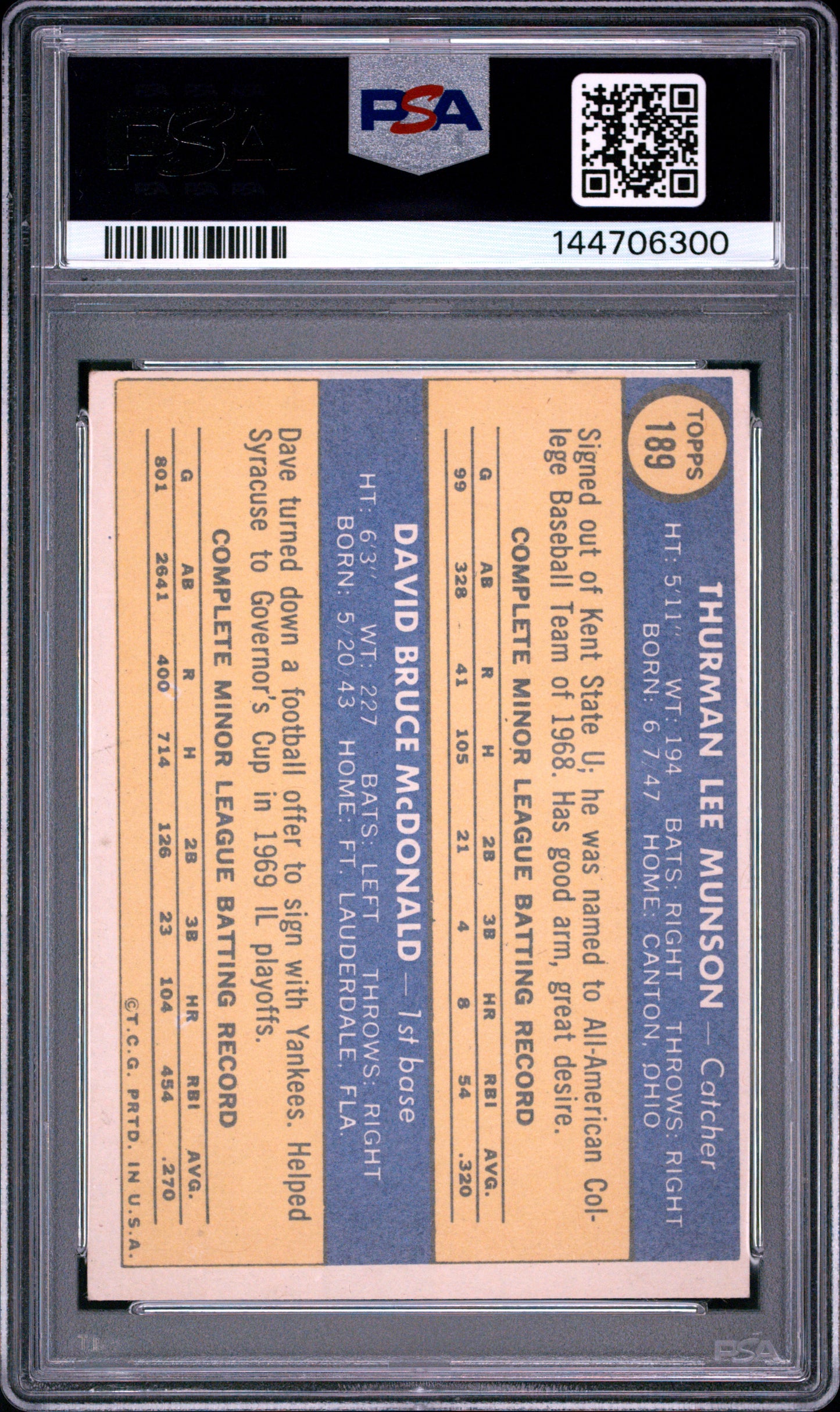 1970 Topps Yankees Rookie Stars Thurman Munson Dave McDonald #189 RC PSA 3
