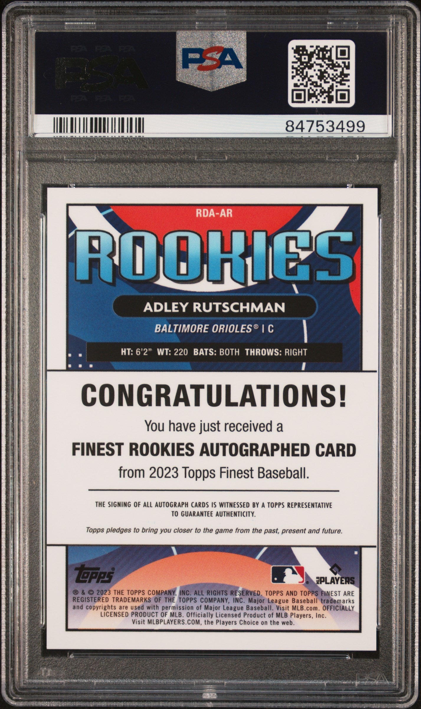 2023 Finest Adley Rutschman Rookie Gold Auto /50 PSA 10