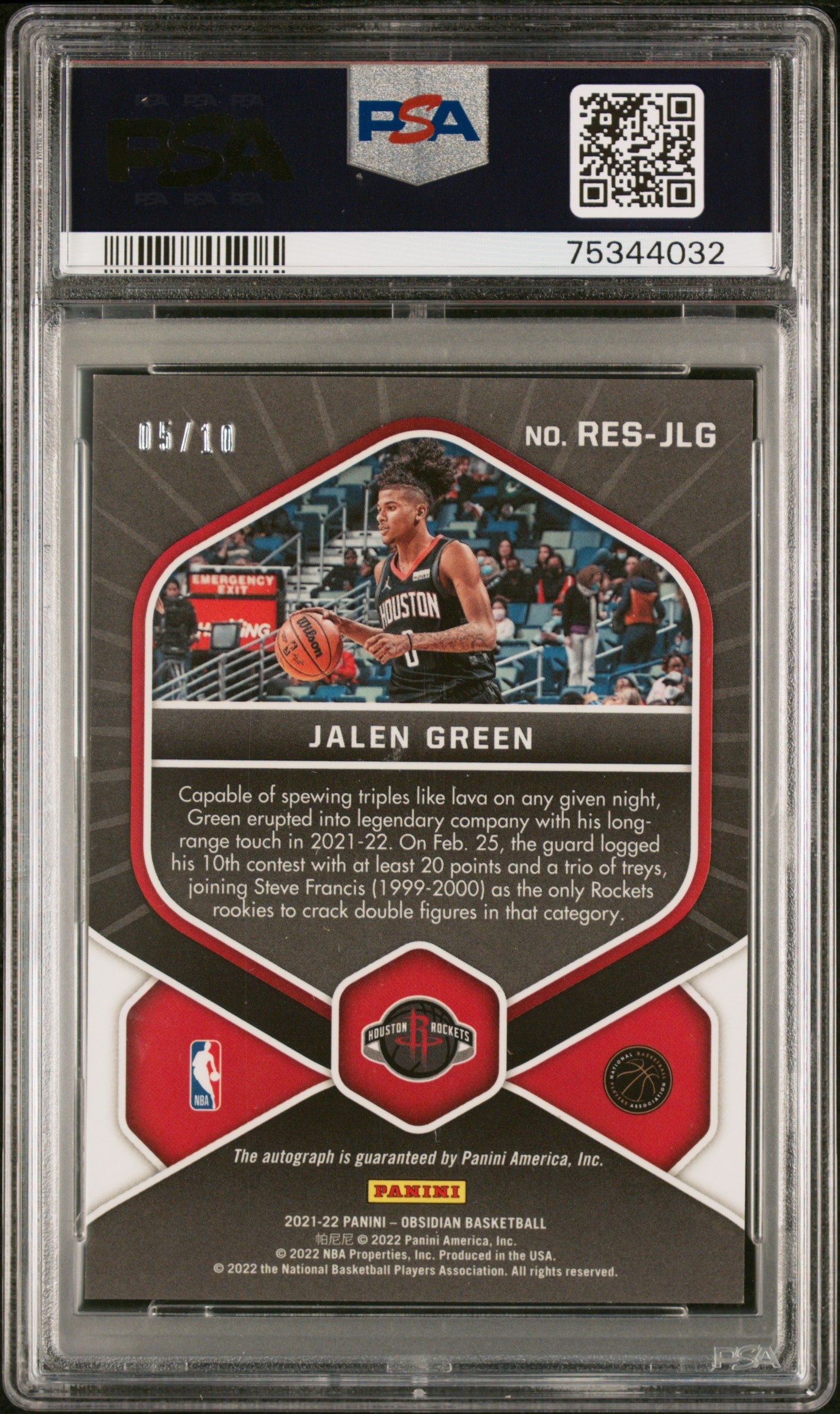 2021 Panini Obsidian Jalen Green #RES-JLG Rookie Etch Yellow /10 Auto RC PSA 10