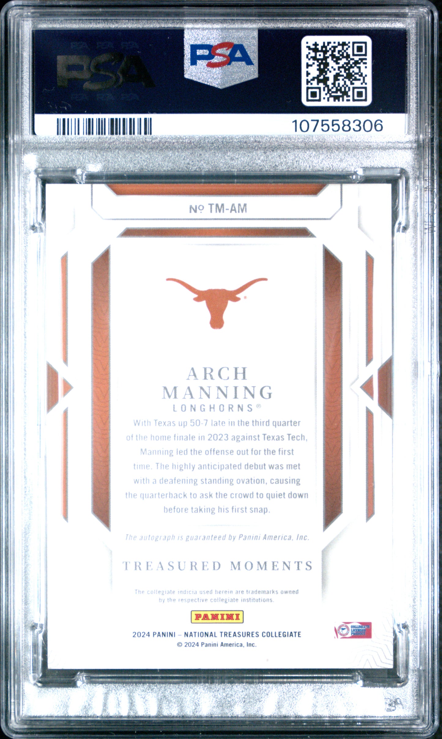 2024 Panini National Treasures Arch Manning Treasured Moments /25 Auto PSA 9