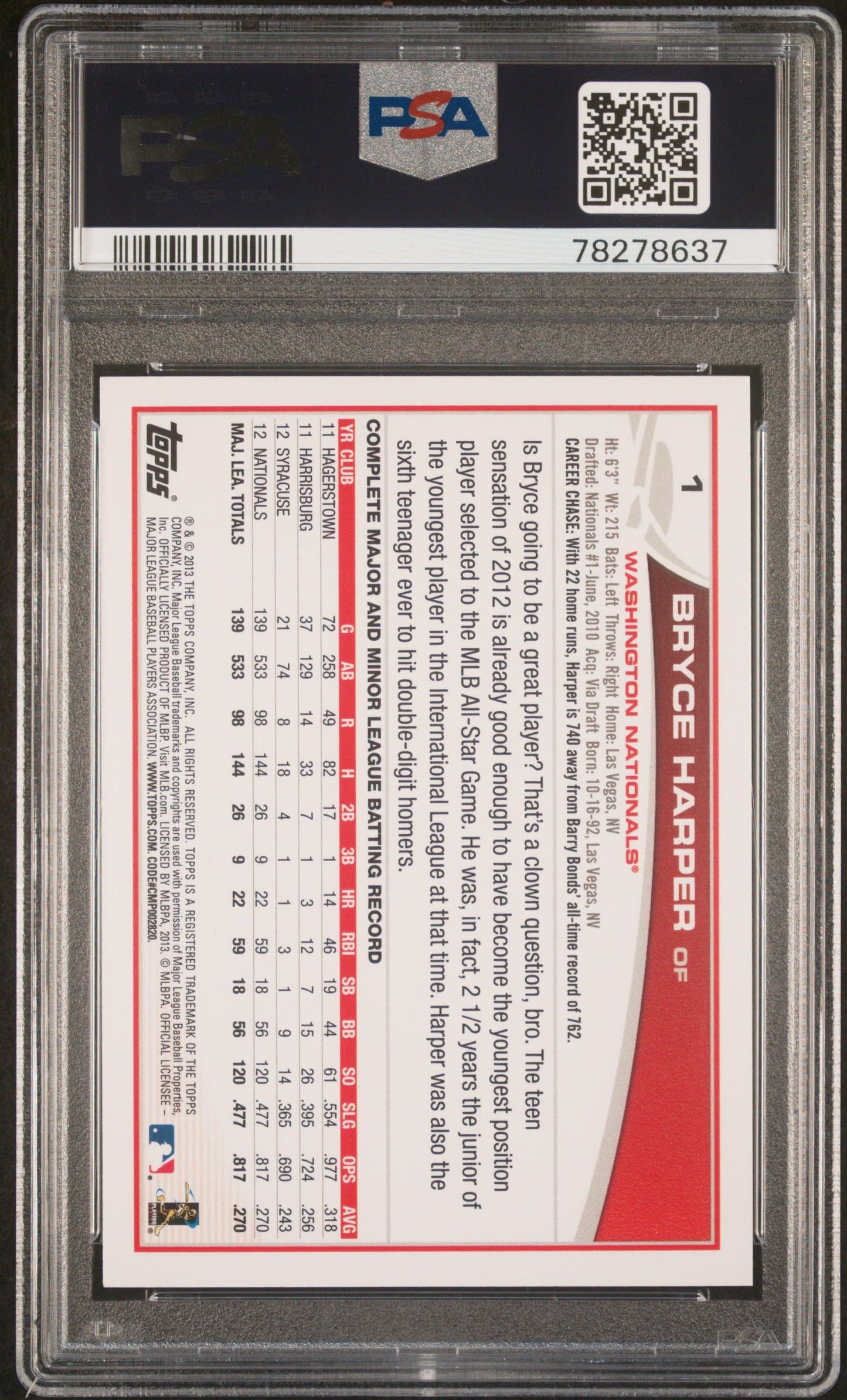 2013 Topps Bryce Harper Silver Slate Blue Sparkle PSA 10