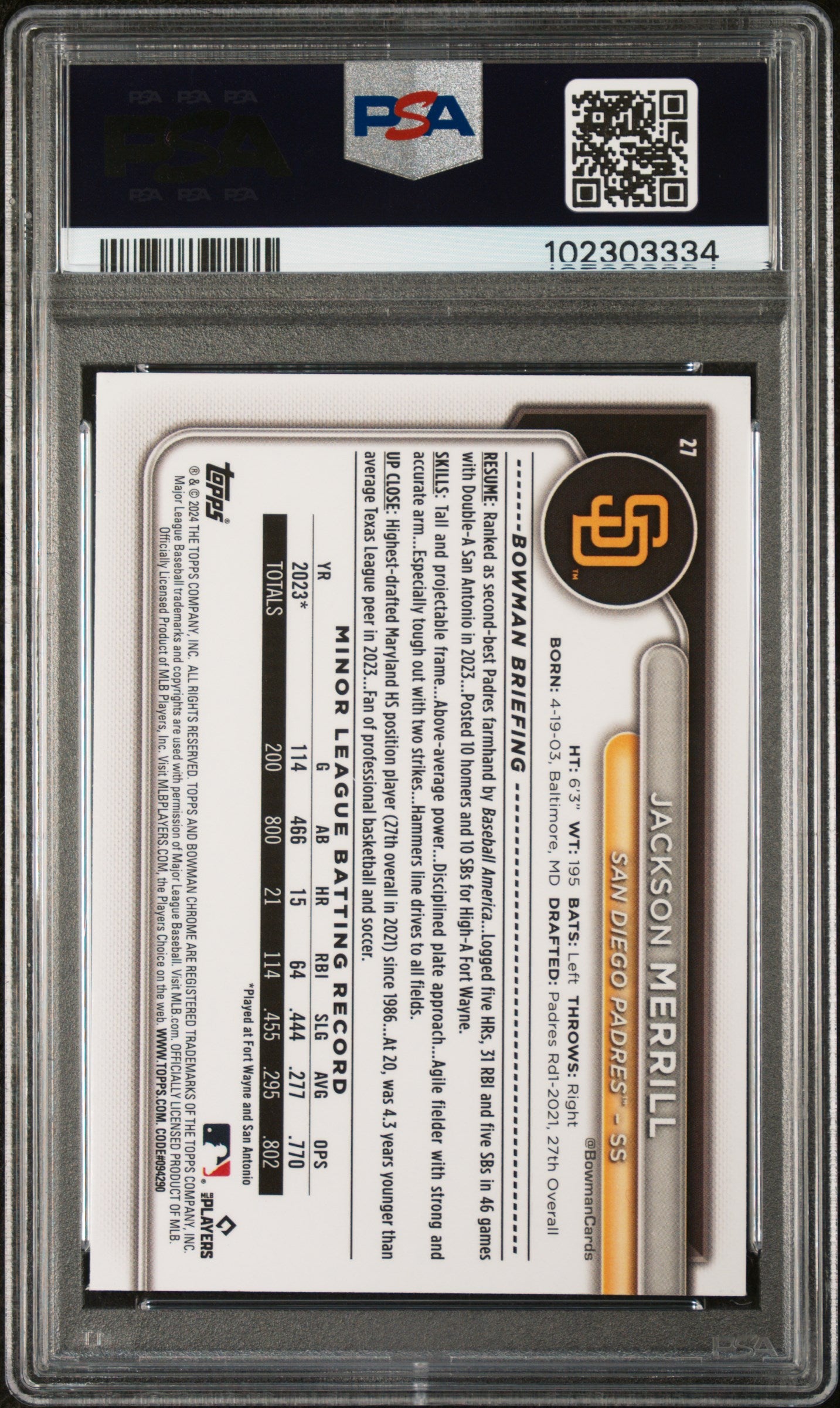 2024 Bowman Chrome Jackson Merrill Mega Box Yellow Refractor RC /75 PSA 9