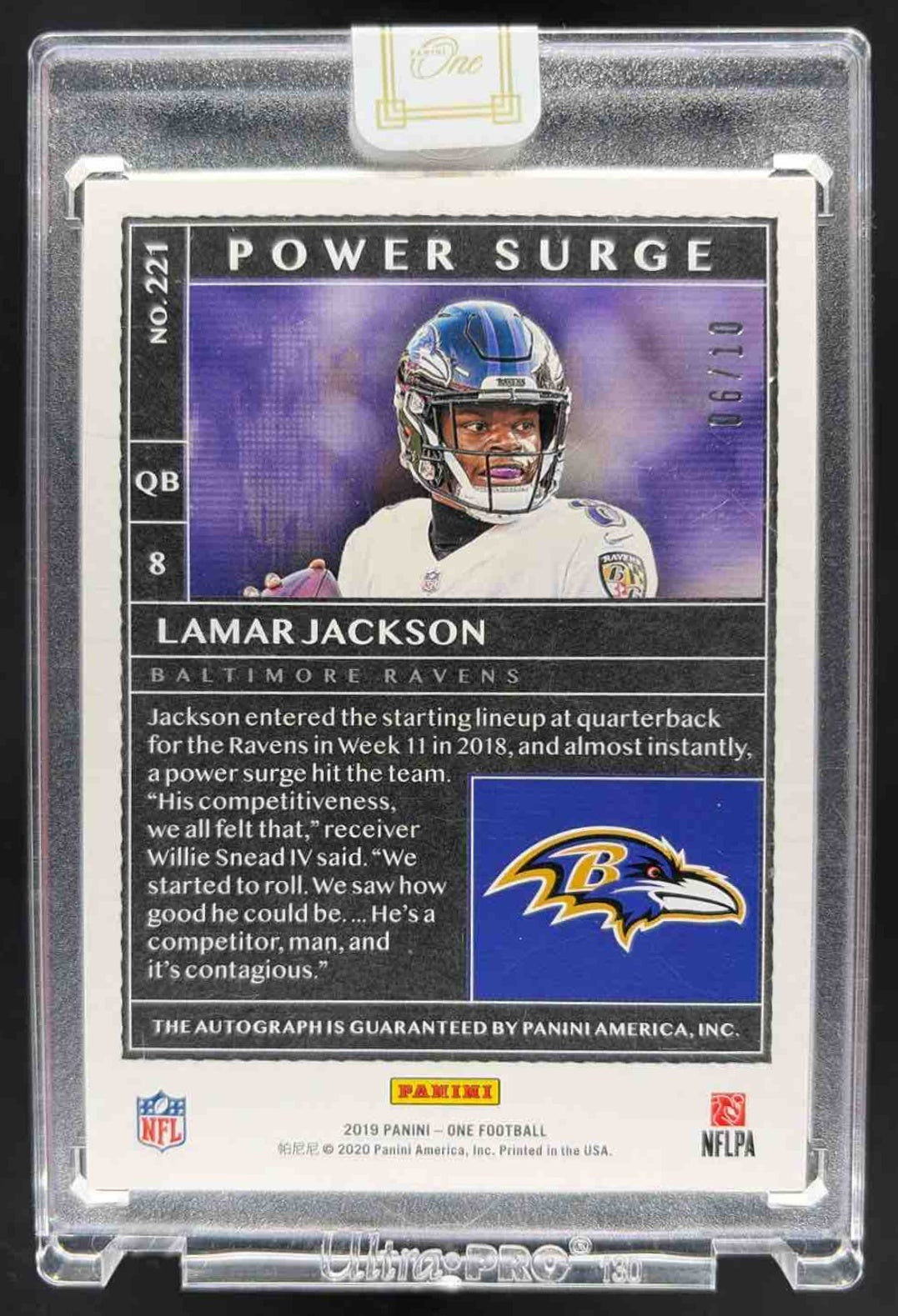 2019 Panini One Lamar Jackson #221 7/10 Auto Power Surge Ravens