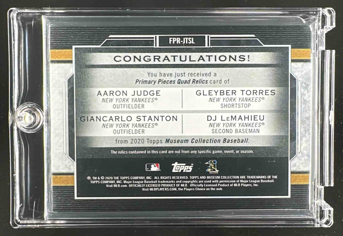 2020 Topps Museum Collection Aaron Judge #SPQR-AJ Primary Pieces Quad Relics /99