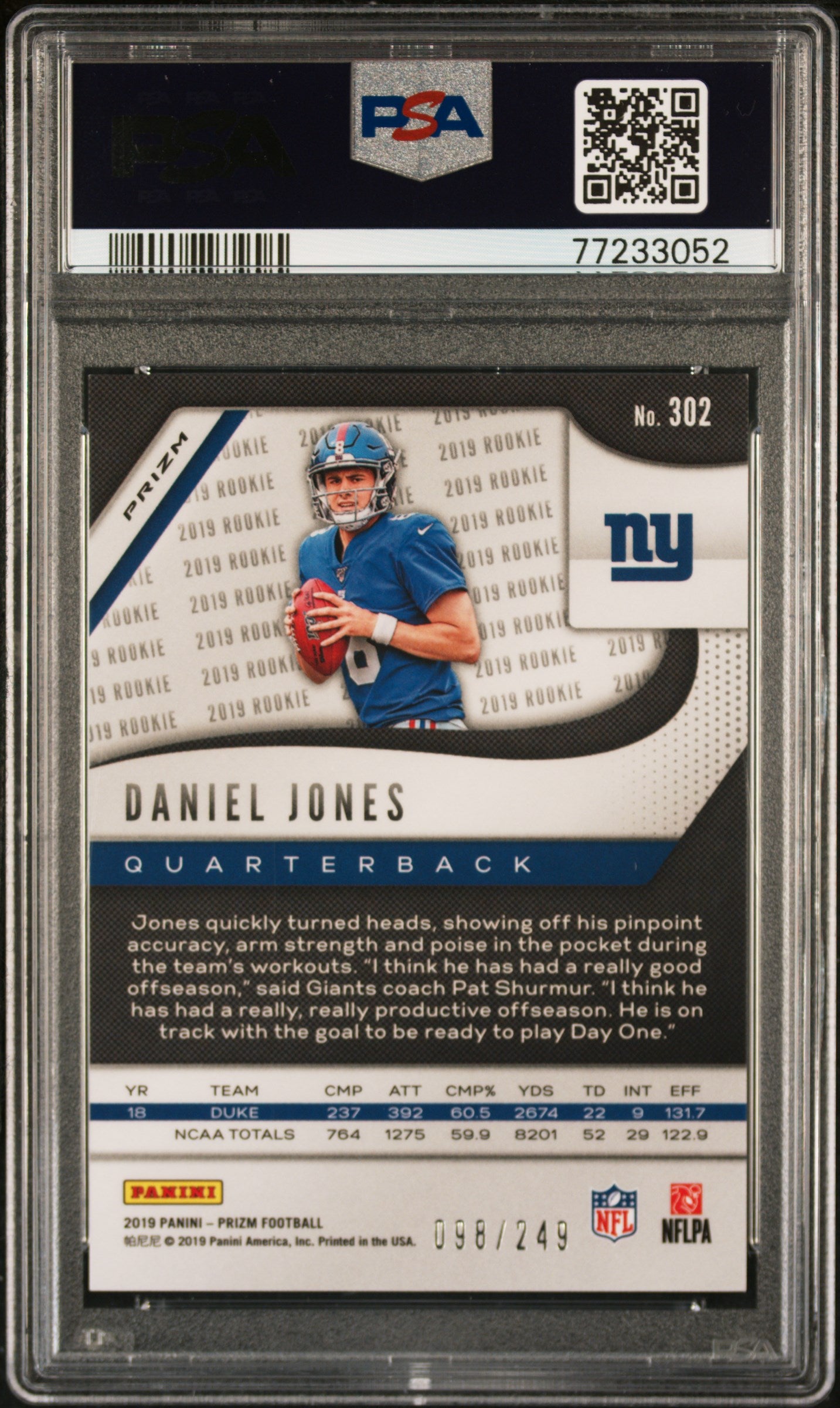 2019 Prizm Daniel Jones Orange Rookie /249 PSA 10