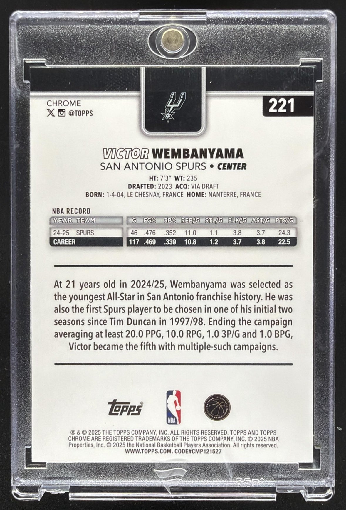 2025-26 Topps Chrome Victor Wembanyama Image Variation #221