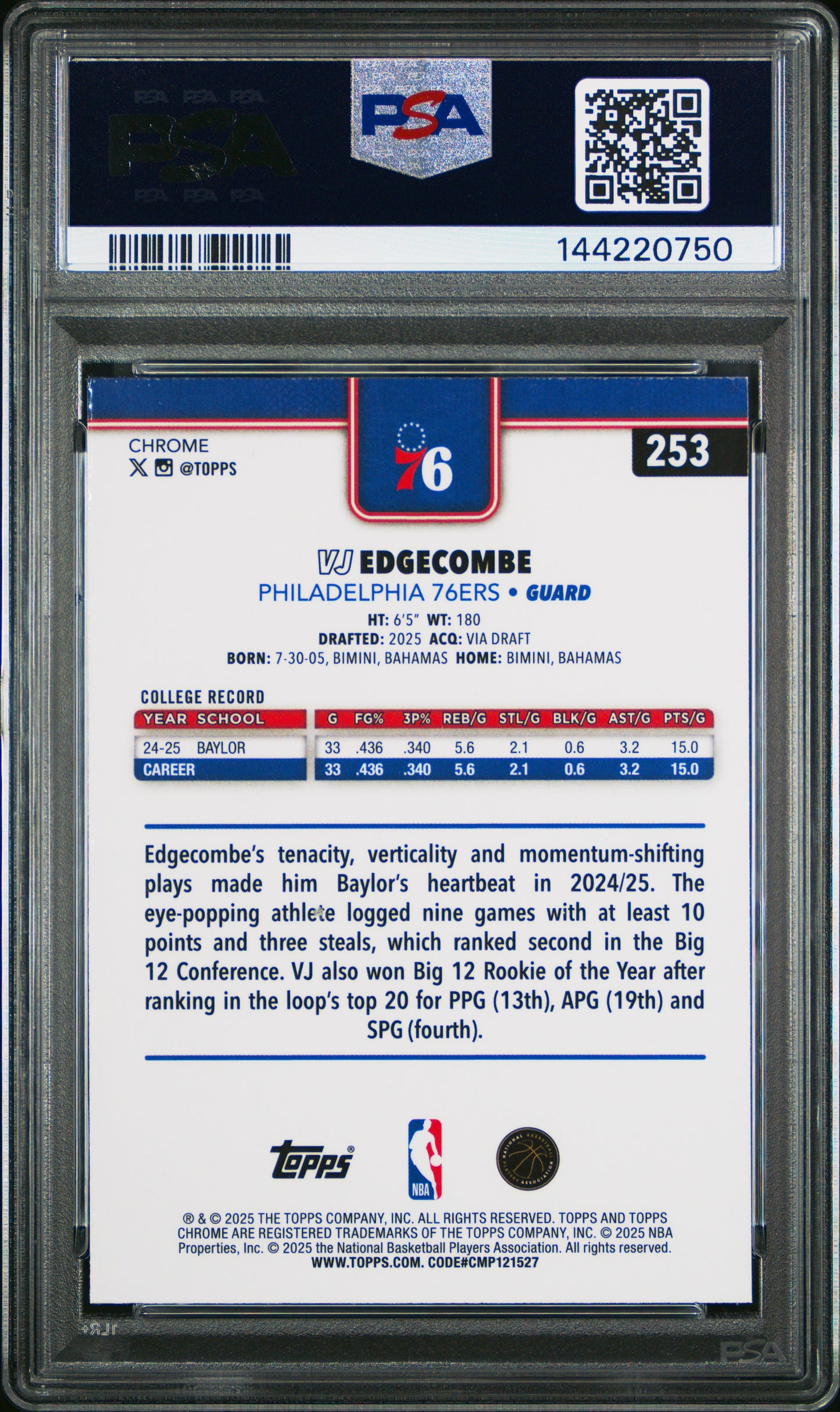 2025-26 Topps Chrome VJ Edgecombe #253 RC PSA 10