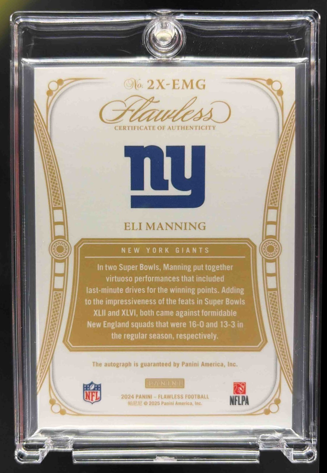 2024 Panini Flawless Eli Manning Super Bowl Sapphire Auto 10/10 Jersey #