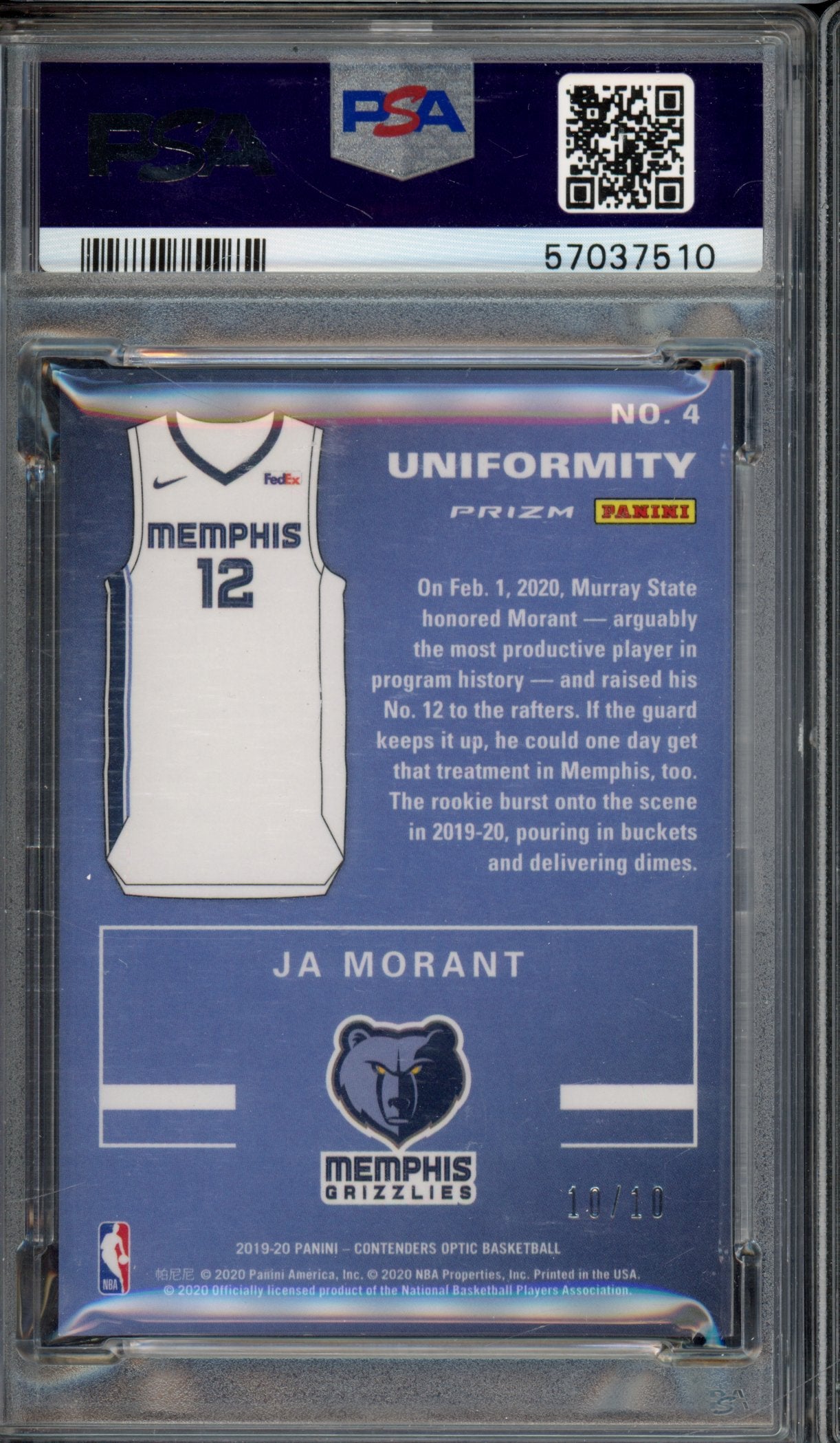 2019-20 Optic Contenders Ja Morant Gold Rookie Uniformity /10 PSA 8.5