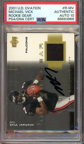 2001 Upper Deck Ovation Michael Vick Rookie Gear Jersey Auto #R-MV PSA Authentic AUTO 10 RC