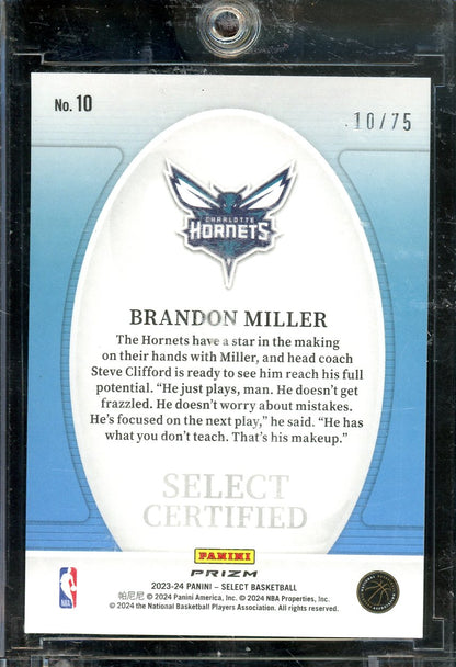 2023-24 Select Brandon Miller Certified Purple Cracked Ice #10 /75 RC