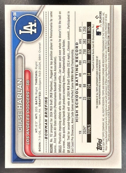 2024 Bowman Draft Chase Harlan #CPA-CHA Chrome Auto 1st Prospect