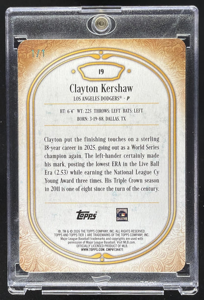 2026 Topps Tier One Clayton Kershaw #19 1/1
