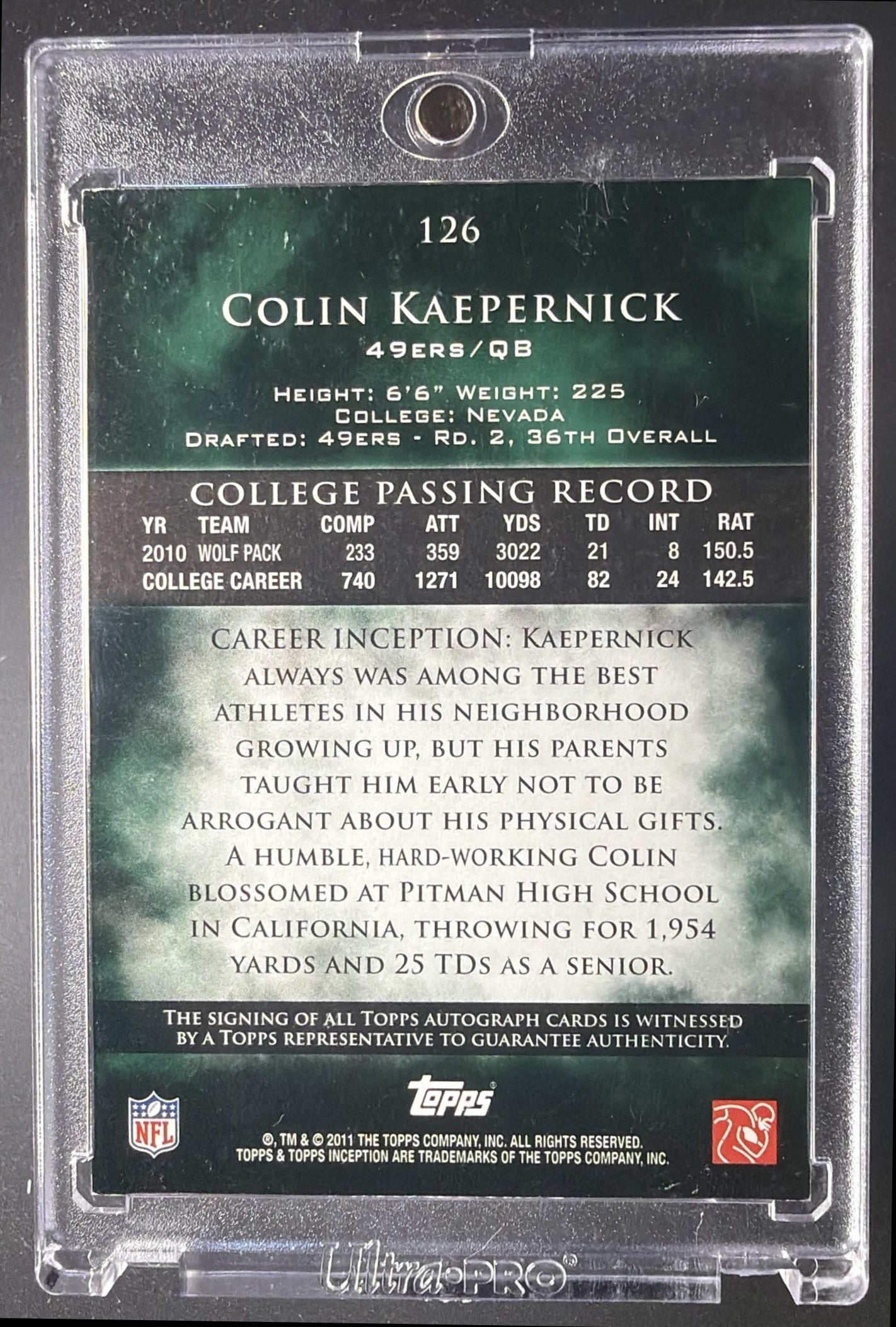 2011 Topps Inception Colin Kaepernick #126 Green 41/50 RC Auto