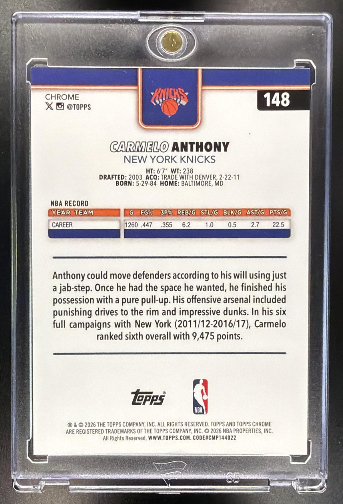 2025-26 Topps Chrome Update Sapphire Carmelo Anthony #148 Gold Refractor 19/50