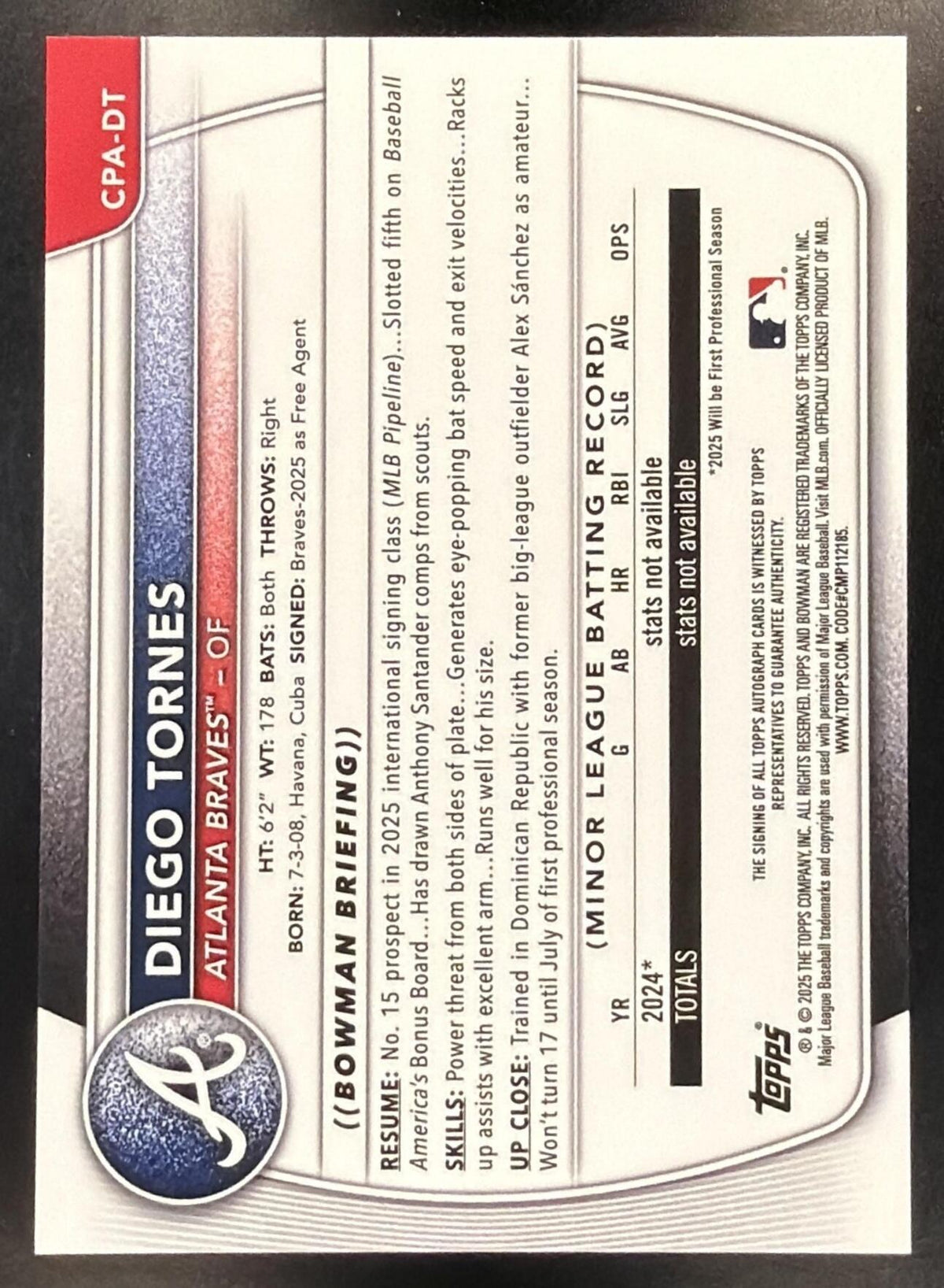 2025 Bowman Chrome Baseball Diego Tornes #CPA-DT 1st Green Lava Refractor Auto 08/99