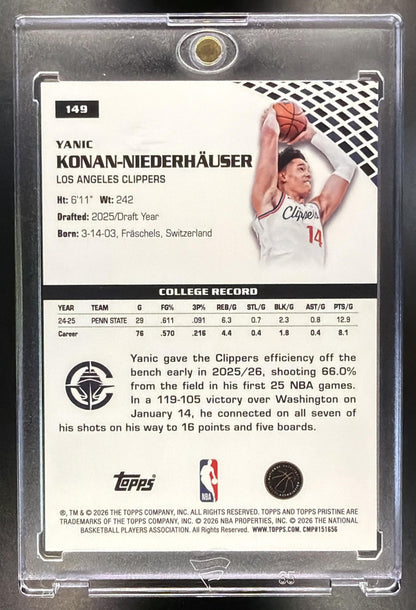2025-26 Topps Pristine Yanic Konan-Niederhauser #149 Refractor RC 1st Day Issue 2/6 Pink