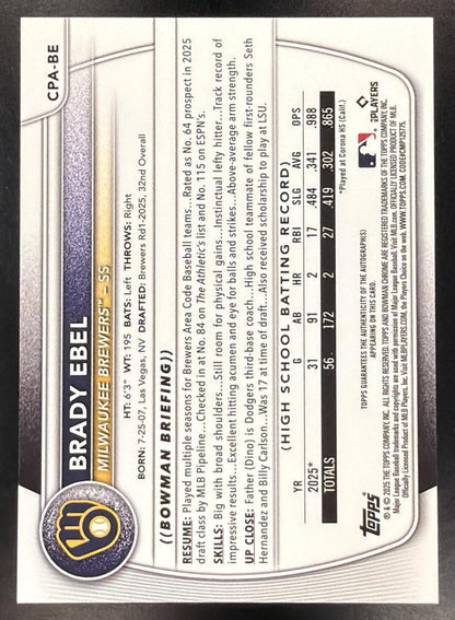 2025 Bowman Baseball Brady Ebel #CPA-BE 1st Green Refractor Auto 66/99