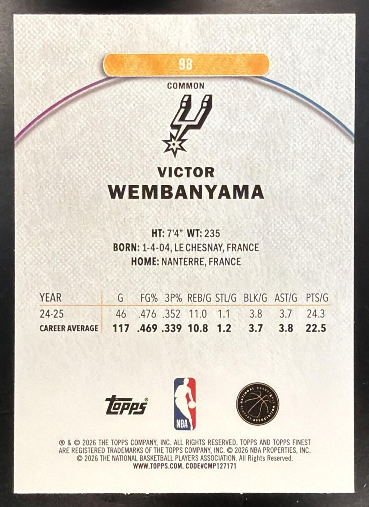 2025-26 Topps Finest Victor Wembanyama #98 Common Oil Spill Refractor