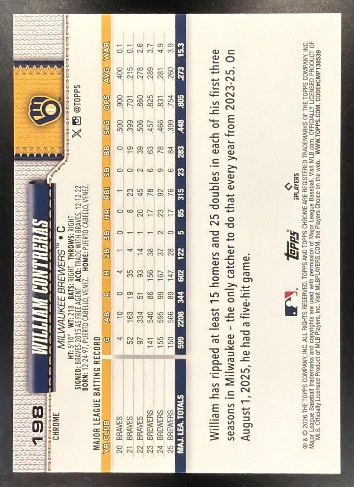 2026 Topps Chrome Sapphire William Contreras #198 White 30/30